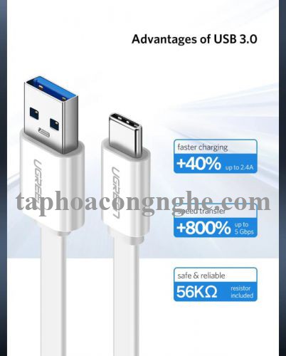 Ugreen 10691 0.5M màu Trắng Cáp USB TypeC sang USB 3.0 cáp dẹt US172 30010691